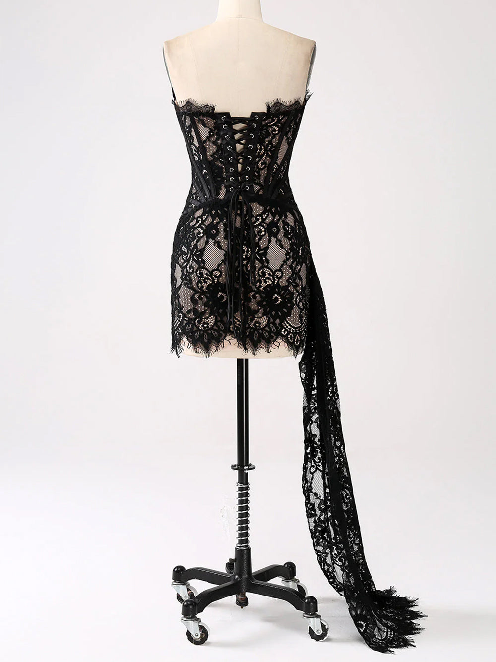 Black Strapless Eyelash Lace Corset Ruched Bodycon Mini Dress 8