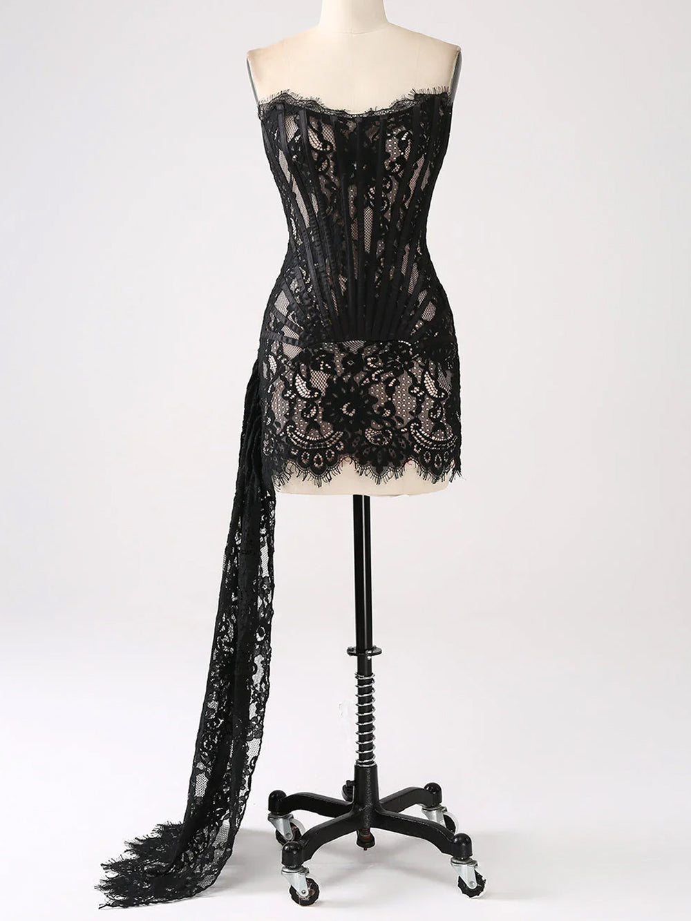 Black Strapless Eyelash Lace Corset Ruched Bodycon Mini Dress 6