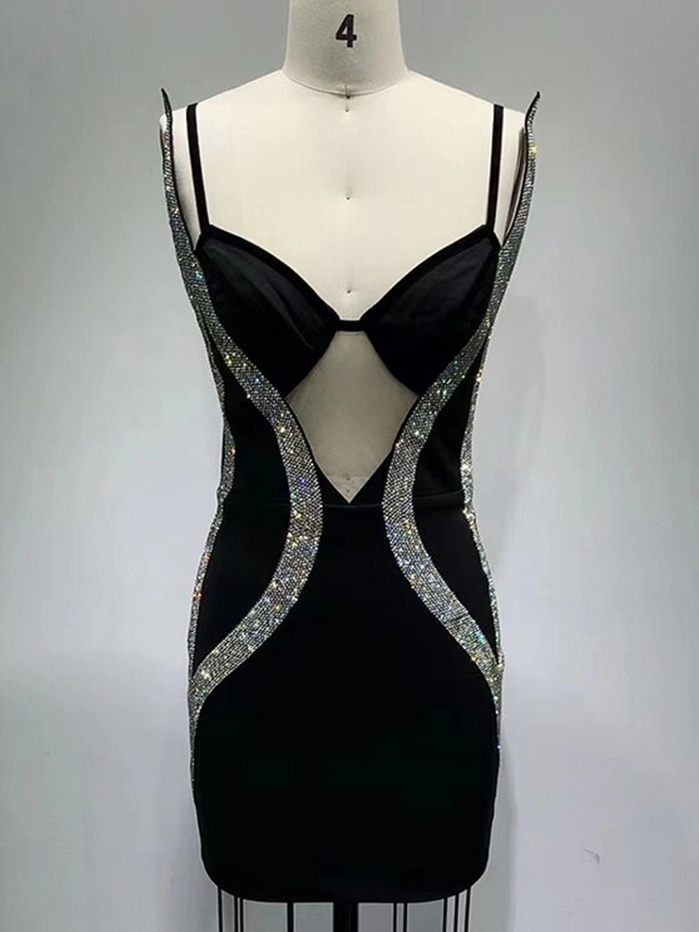 Black Spaghetti Strap Rhinestone Swirl Cutout Bodycon Mini Dress 6