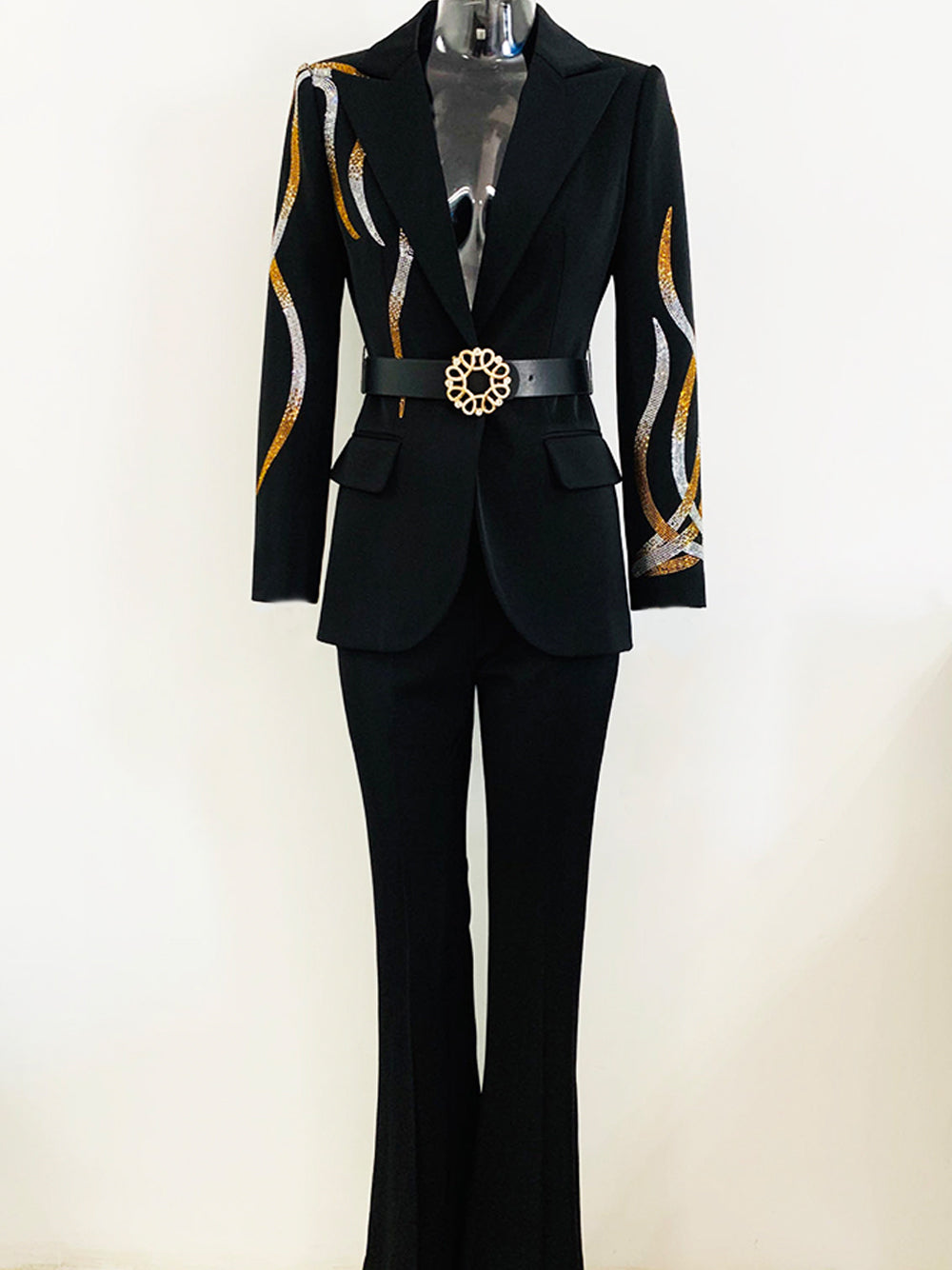 Black Rhinestone Embellished Belted Blazer and Pants Set 13