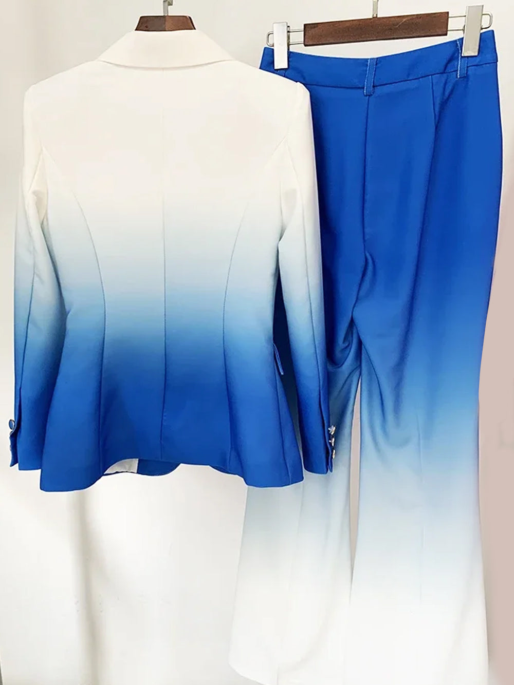 Blue Peak Lapel Ombre Blazer and Flared Pants Set 5
