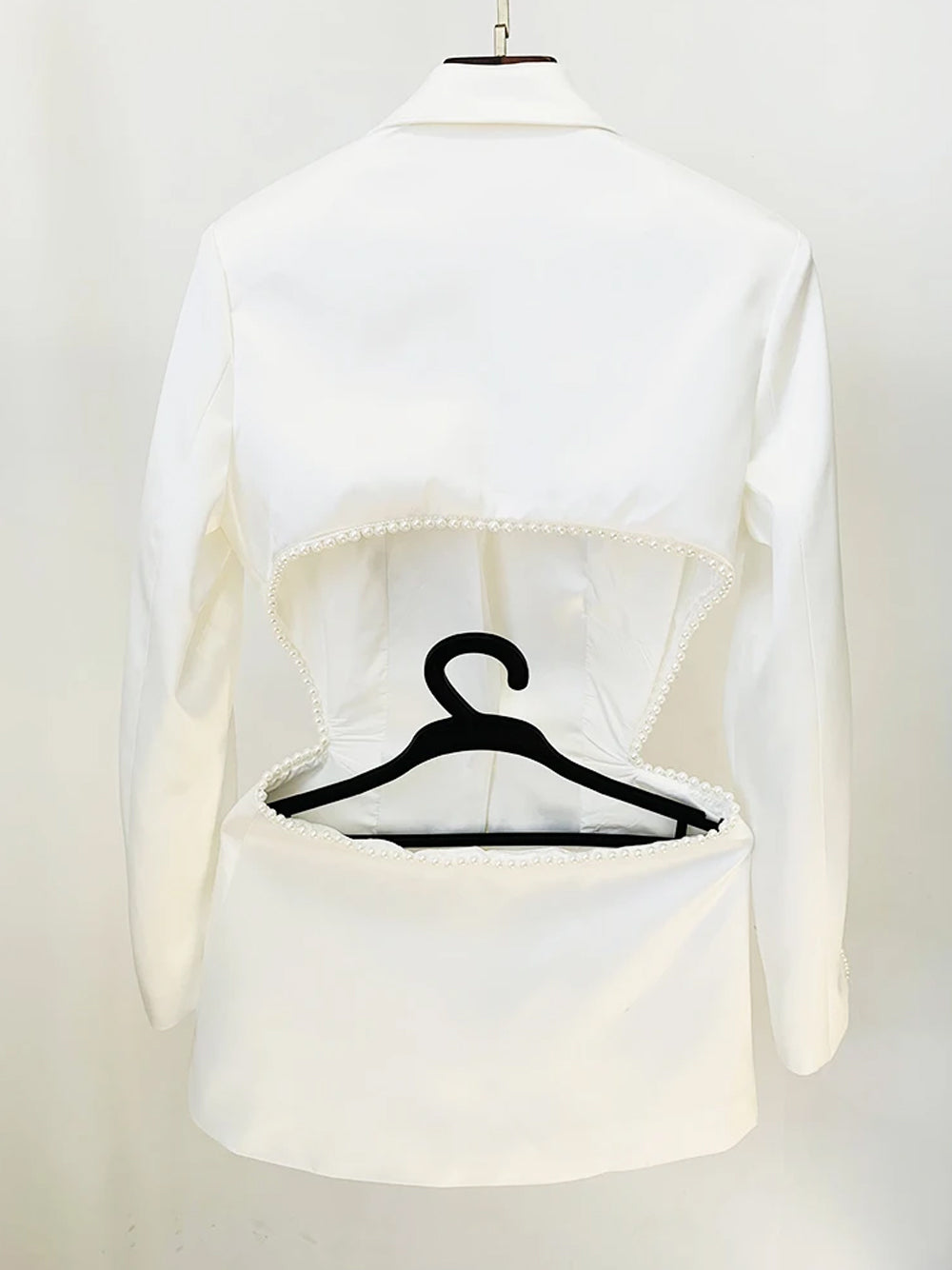 White Rosette Applique Satin Blazer and Pearl Beaded Pants Set