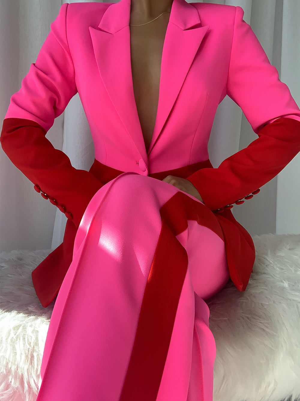Fuchsia Peak Lapel Color-Block Button Cuff Blazer and Pants Set 5