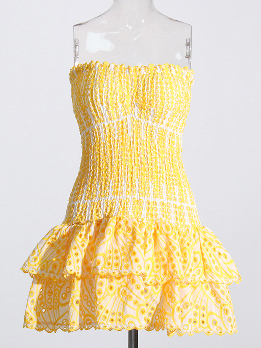 Strapless Shirred Bodice Eyelet Tiered Ruffle Bodycon Mini Dress 12