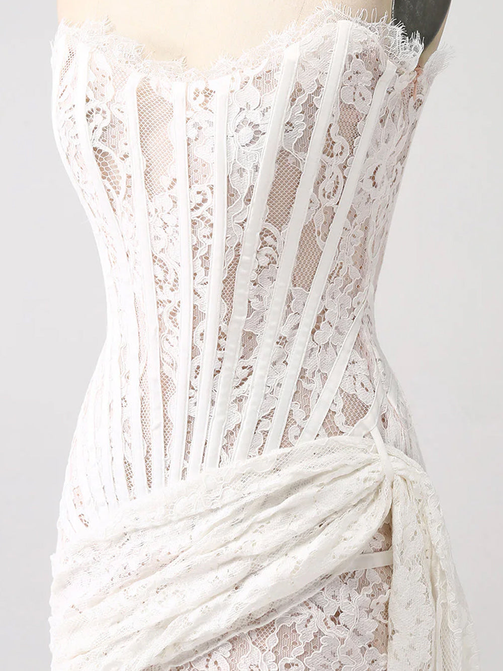 White Strapless Eyelash Lace Corset Ruched Bodycon Mini Dress 11