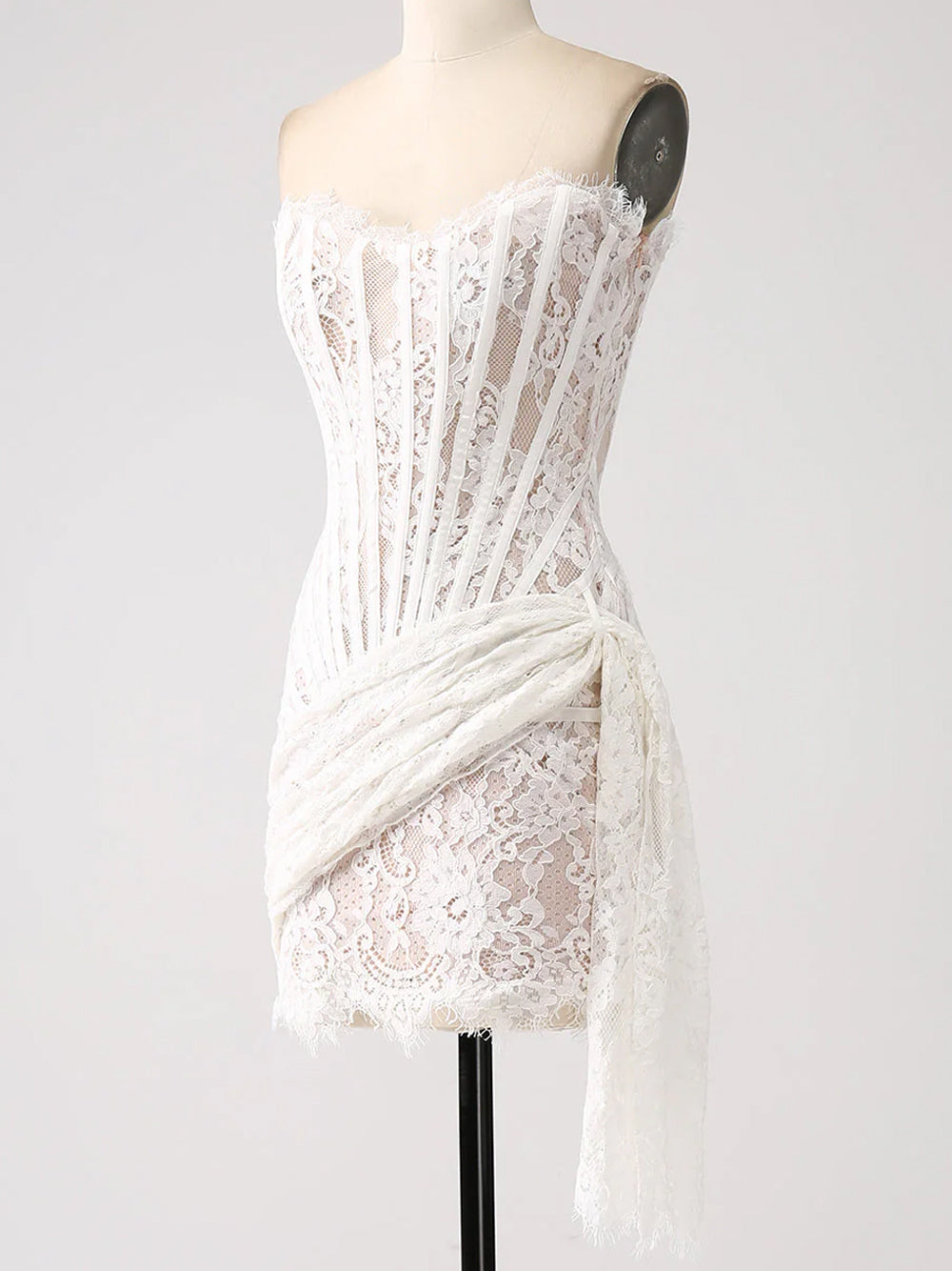 White Strapless Eyelash Lace Corset Ruched Bodycon Mini Dress 9