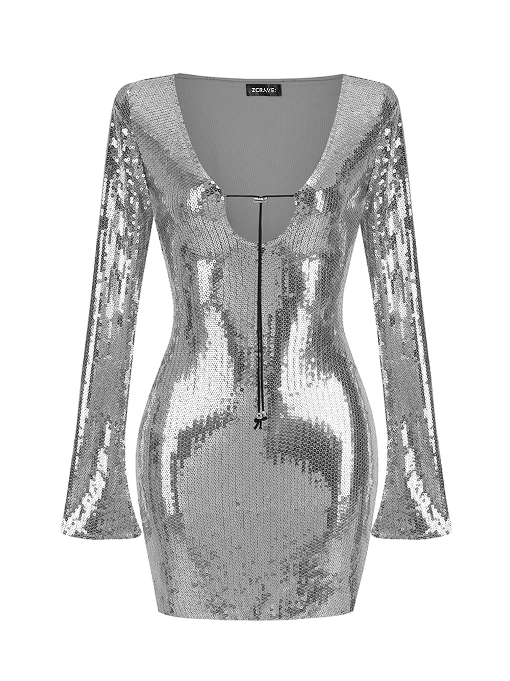 Silver Plunge Neck Sequin Long Sleeve Bodycon Mini Dress