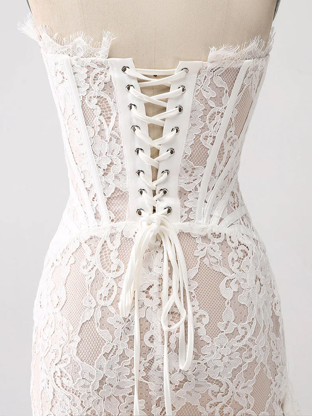 White Strapless Eyelash Lace Corset Ruched Bodycon Mini Dress 12