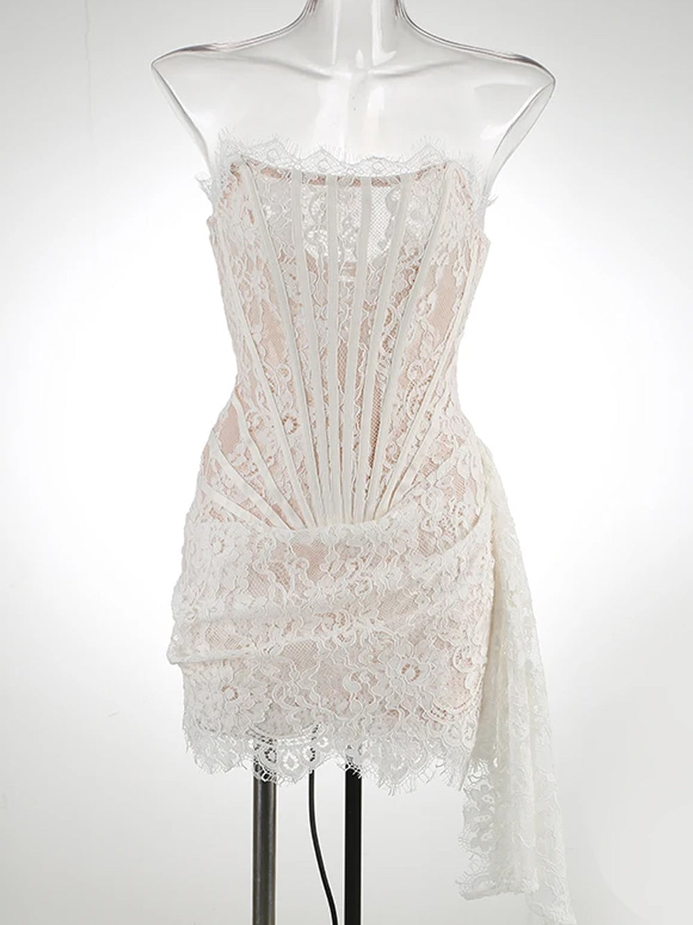 White Strapless Eyelash Lace Corset Ruched Bodycon Mini Dress 20