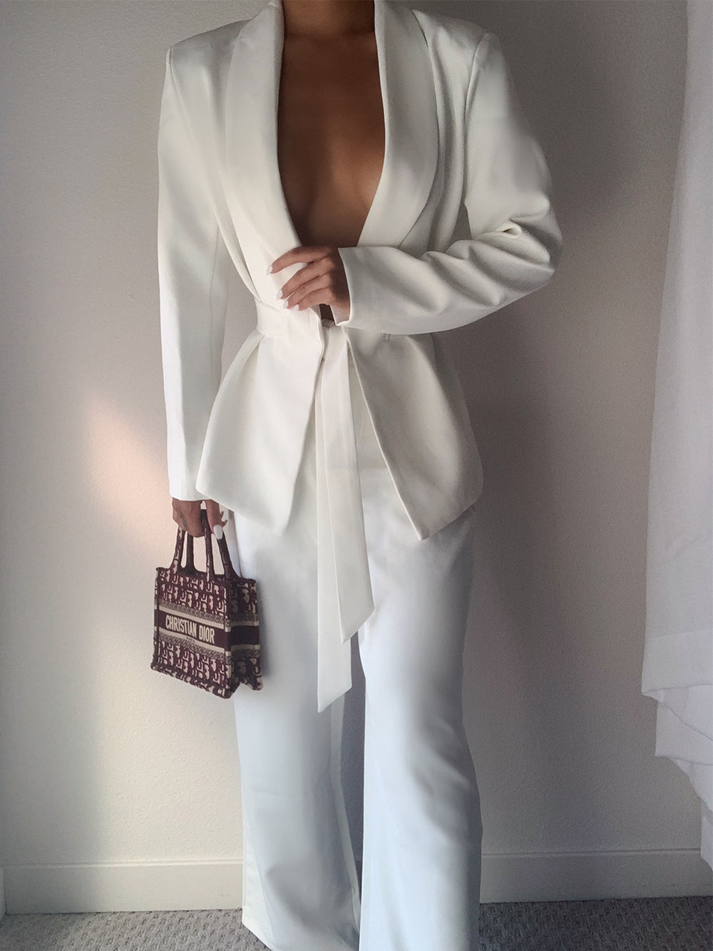 White Shawl Collar Tie Waist Blazer And Tie-Cuff Trouser Set