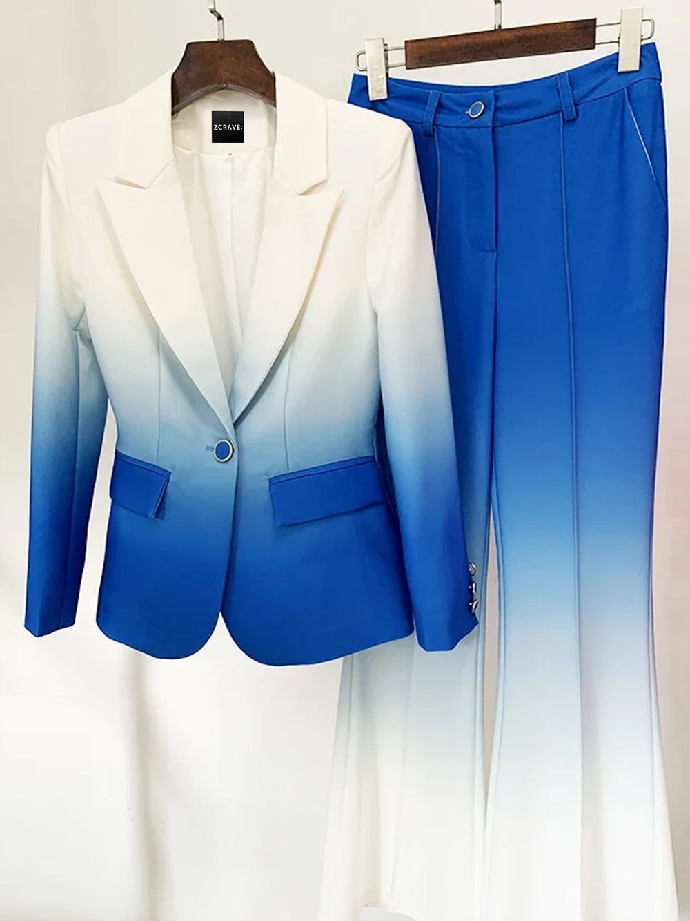 Blue Peak Lapel Ombre Blazer and Flared Pants Set 4