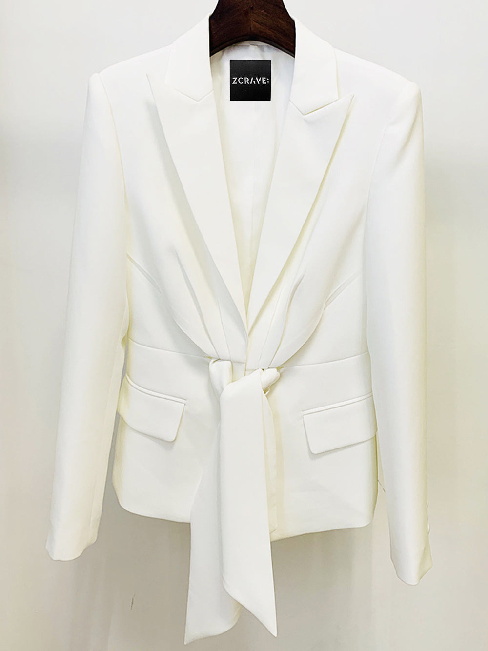 White Peak Lapel Tie Front Blazer Pleated Flared Pants Set 8