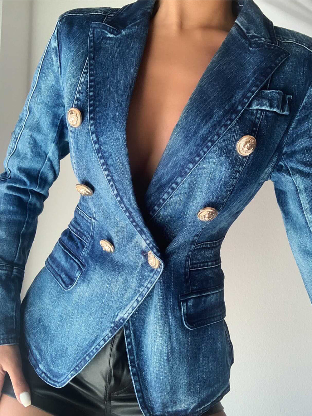 Denim Peak Lapel Double-Breasted Gold Button Denim Blazer