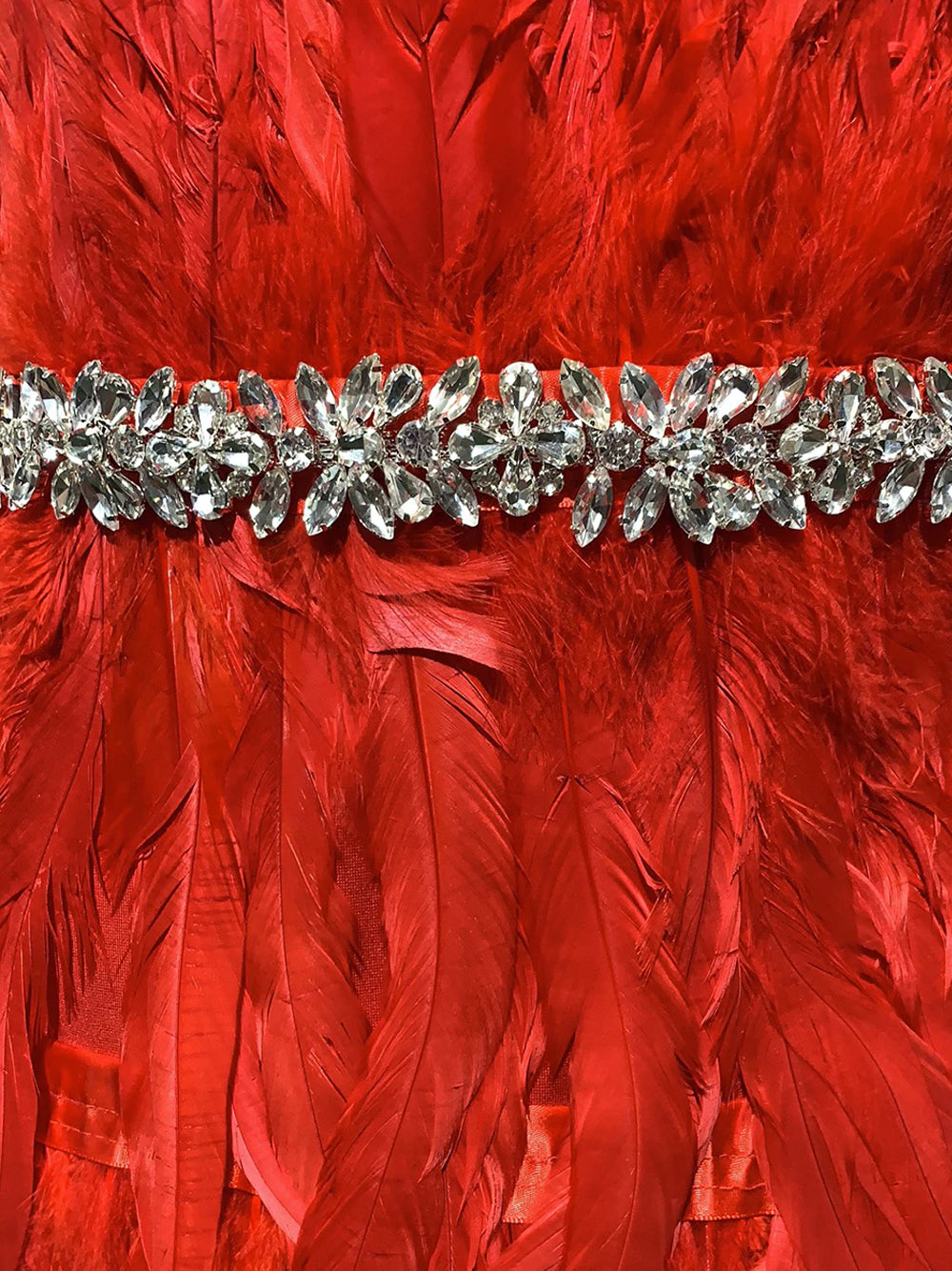 Red Strapless Feather Rhinestone Belt High Slit Bodycon Maxi Dress