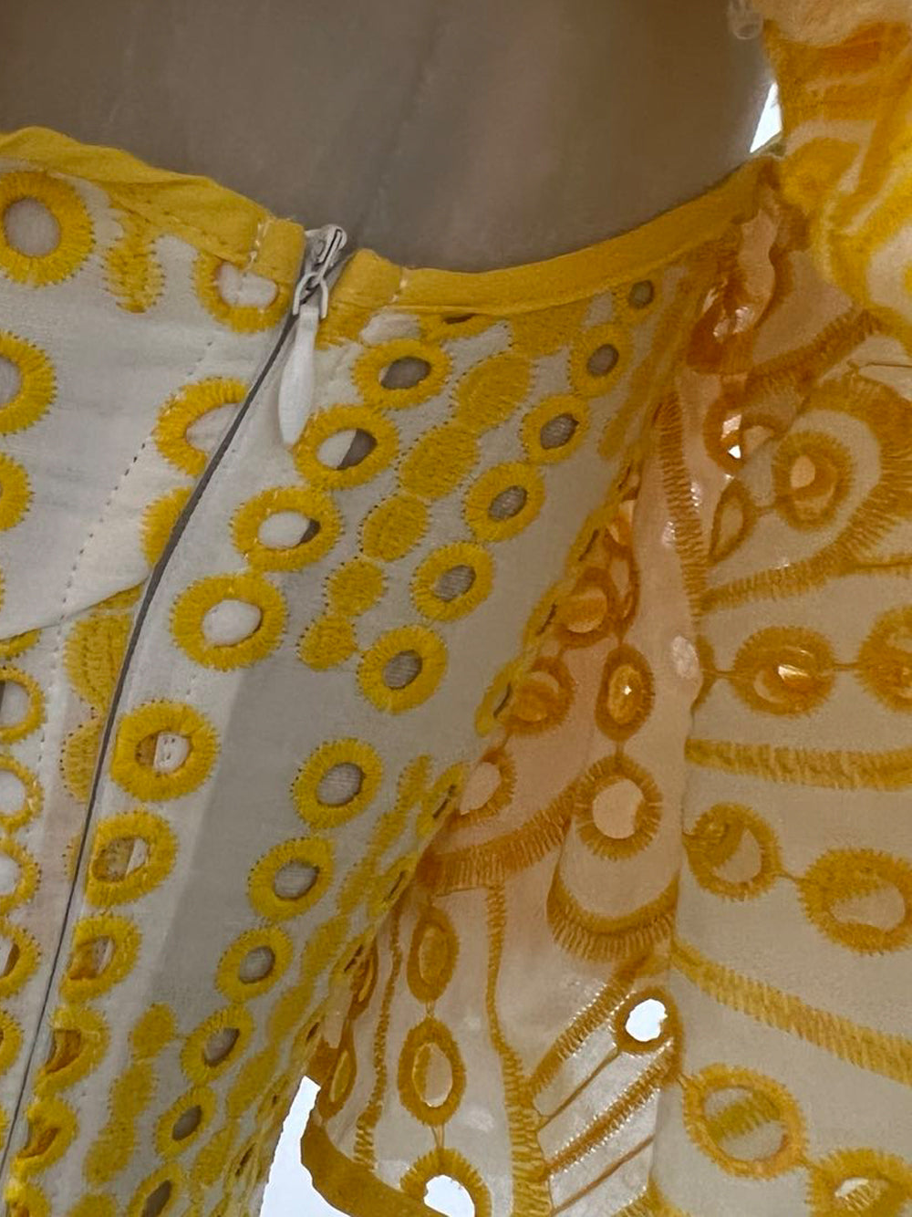 Yellow Off-Shoulder Ruffle Eyelet Embroidered Flared Mini Dress 8