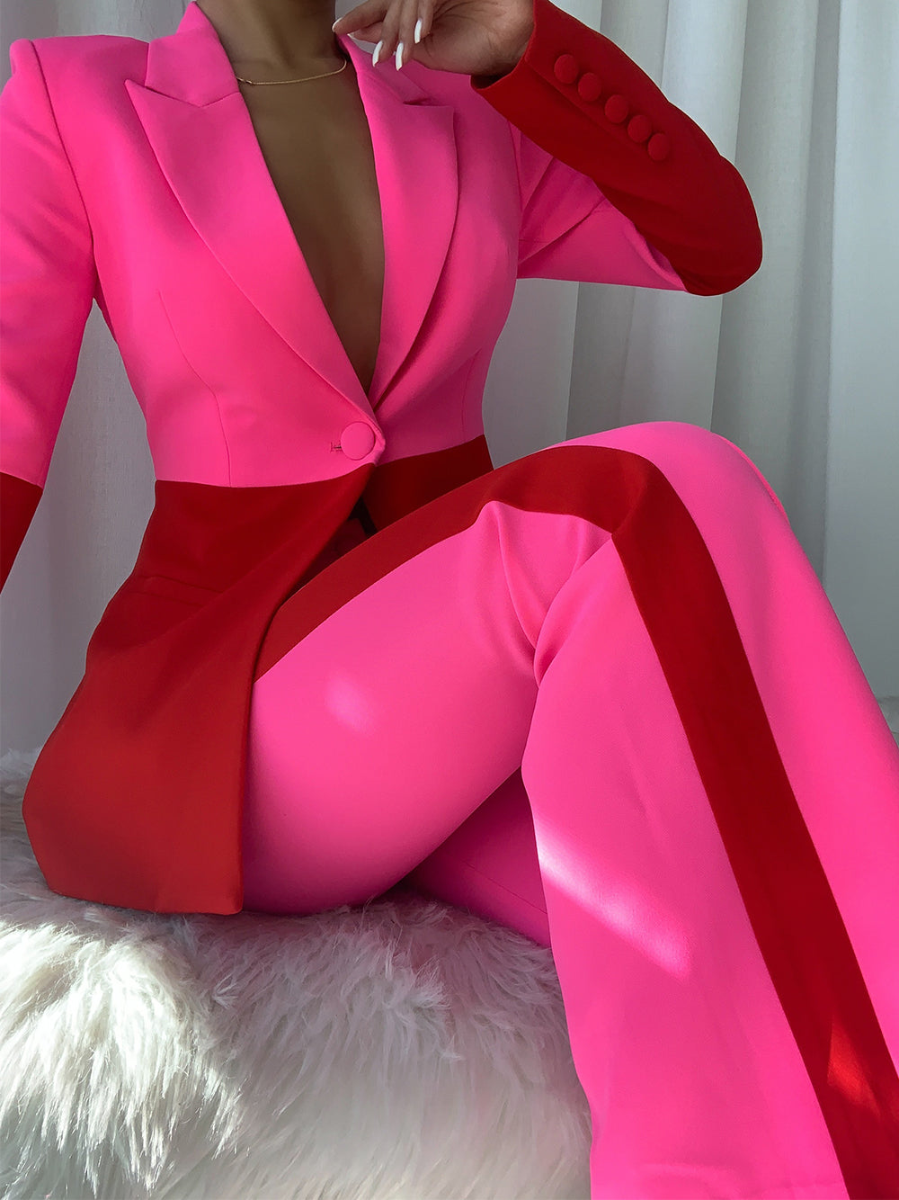 Fuchsia Peak Lapel Color-Block Button Cuff Blazer and Pants Set 3