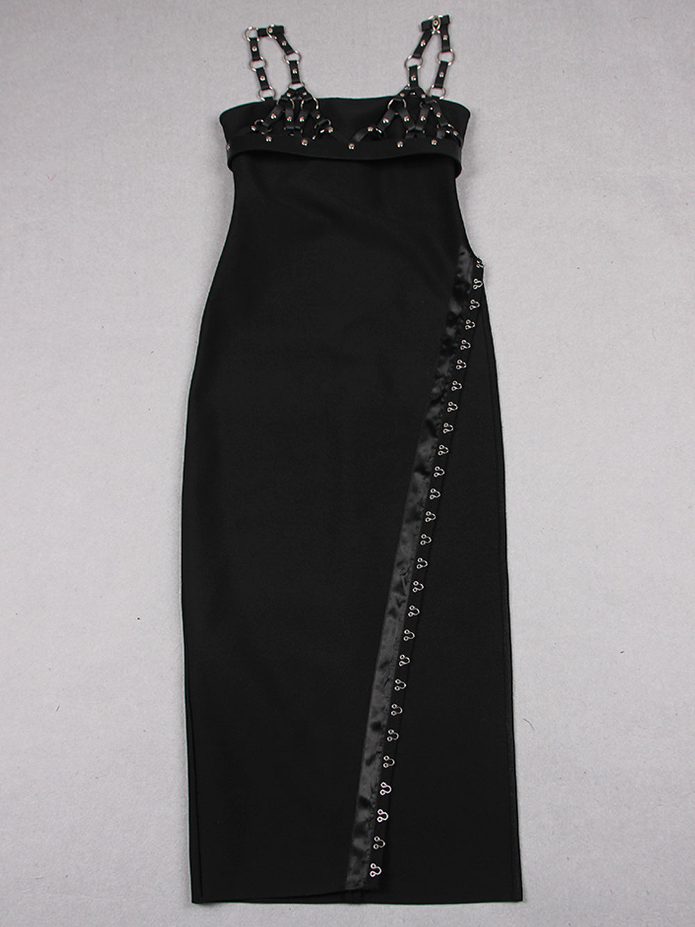 Black Strappy Harness Caged Studded High Slit Bodycon Maxi Dress 15