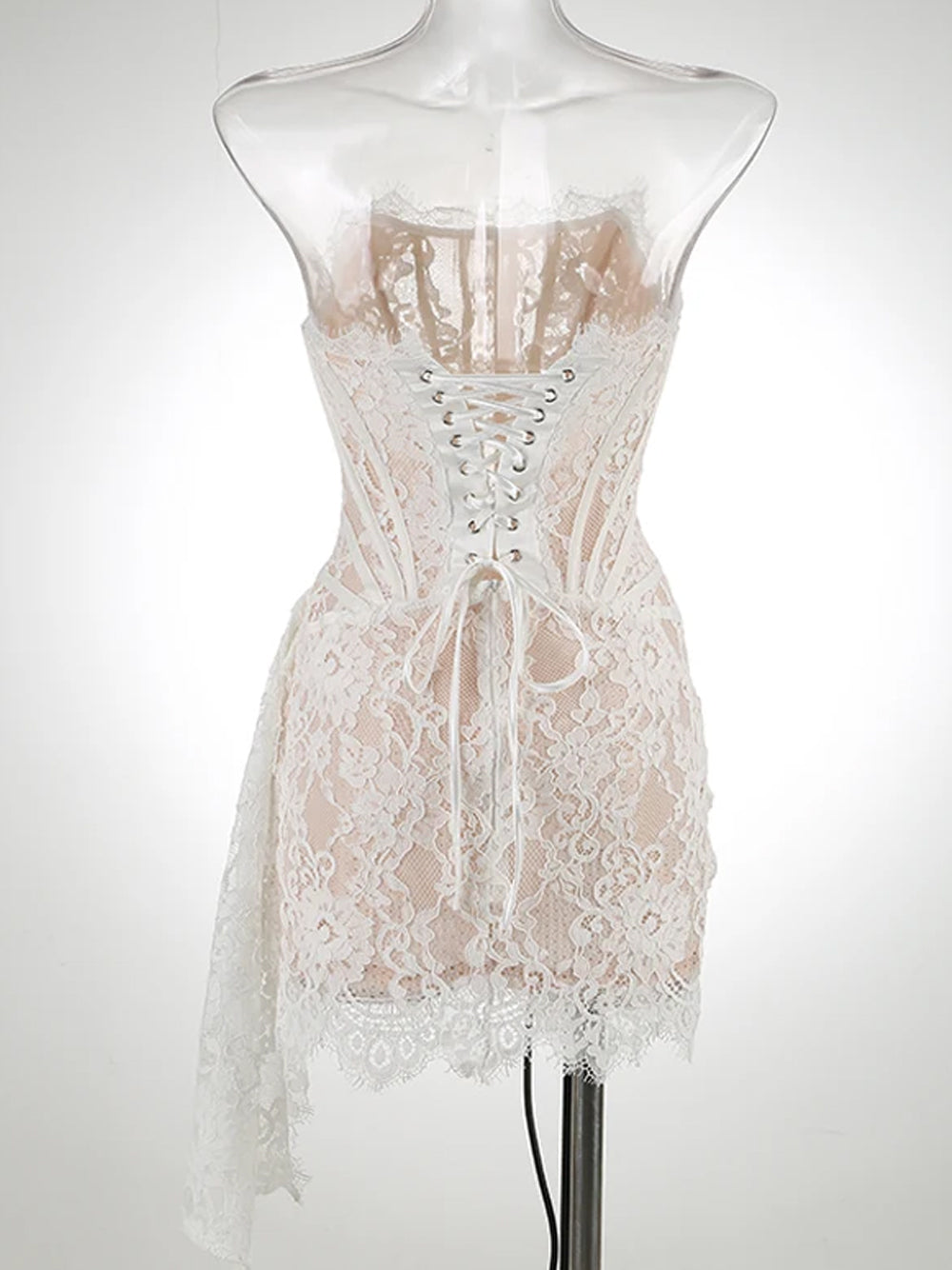 White Strapless Eyelash Lace Corset Ruched Bodycon Mini Dress 21