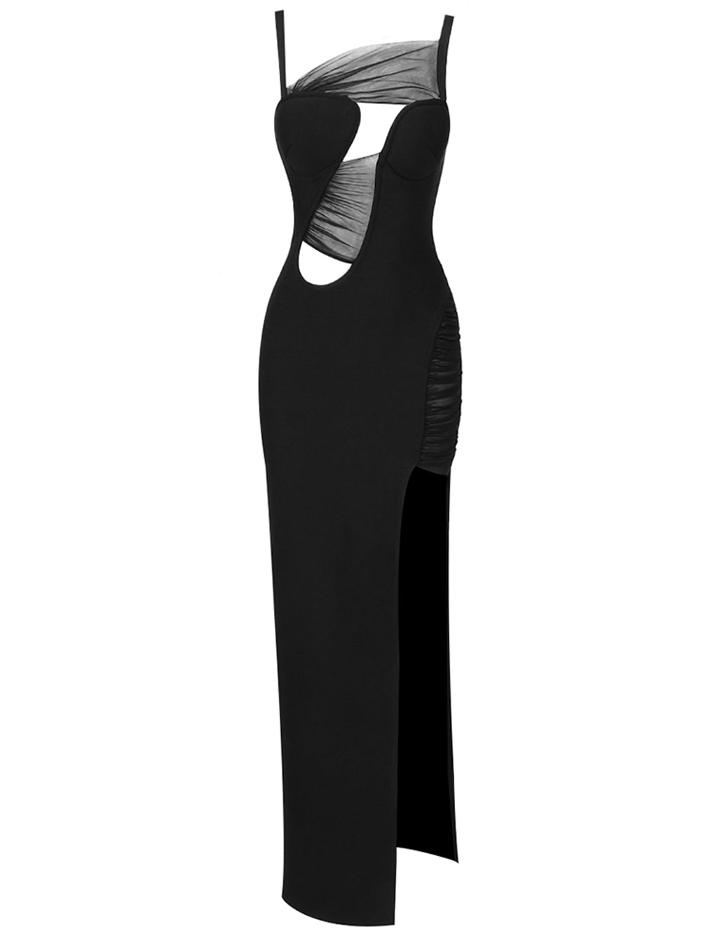Black Strap Sweetheart Mesh Cutout High Slit Bodycon Maxi Dress