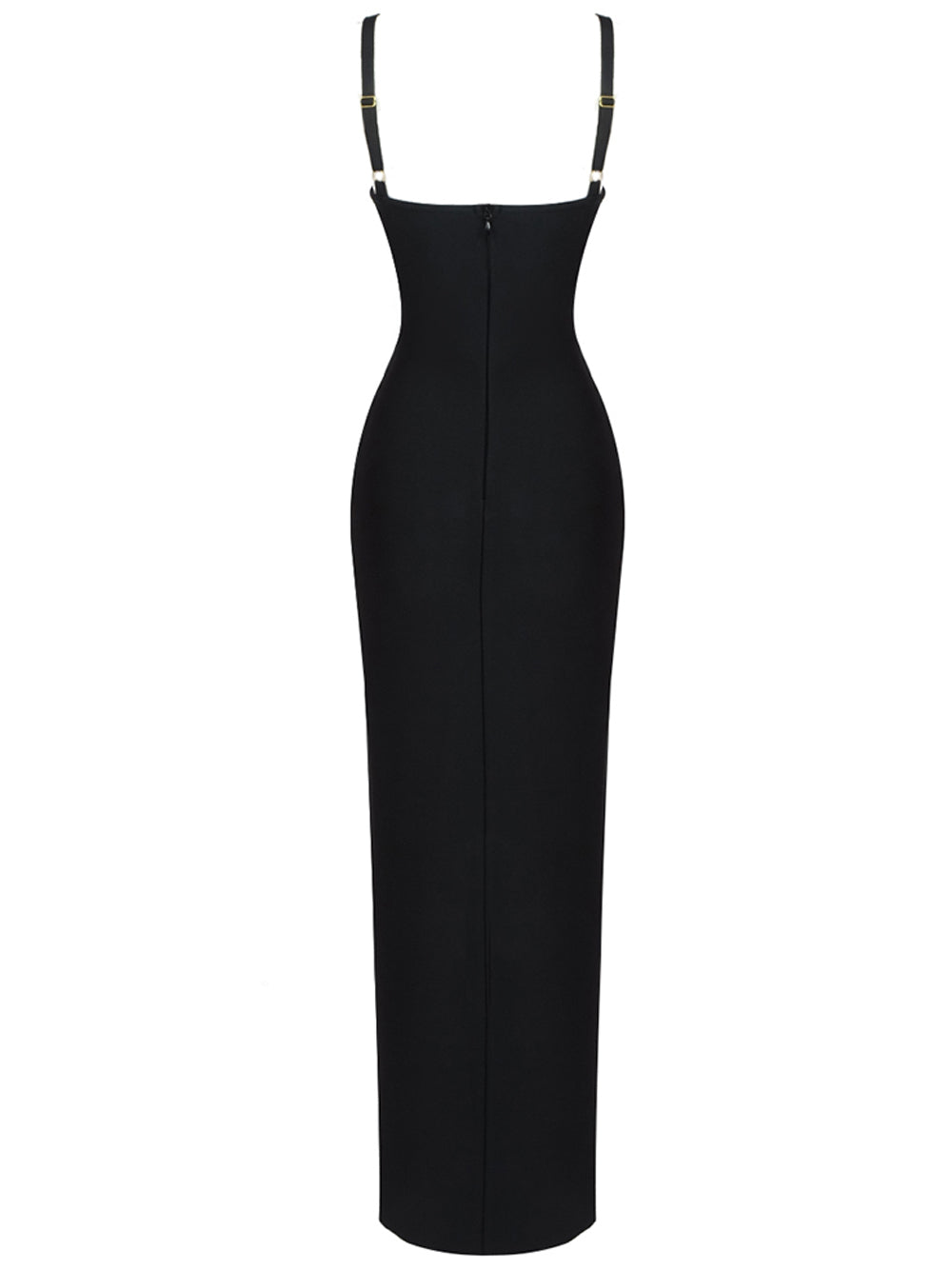 Black Strap Sweetheart Mesh Cutout High Slit Bodycon Maxi Dress