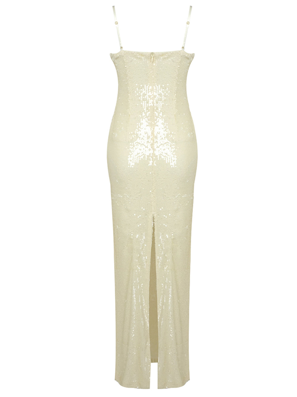 Beige Spaghetti Strap Rosette Cup Sequin Bodycon Maxi Gown 2