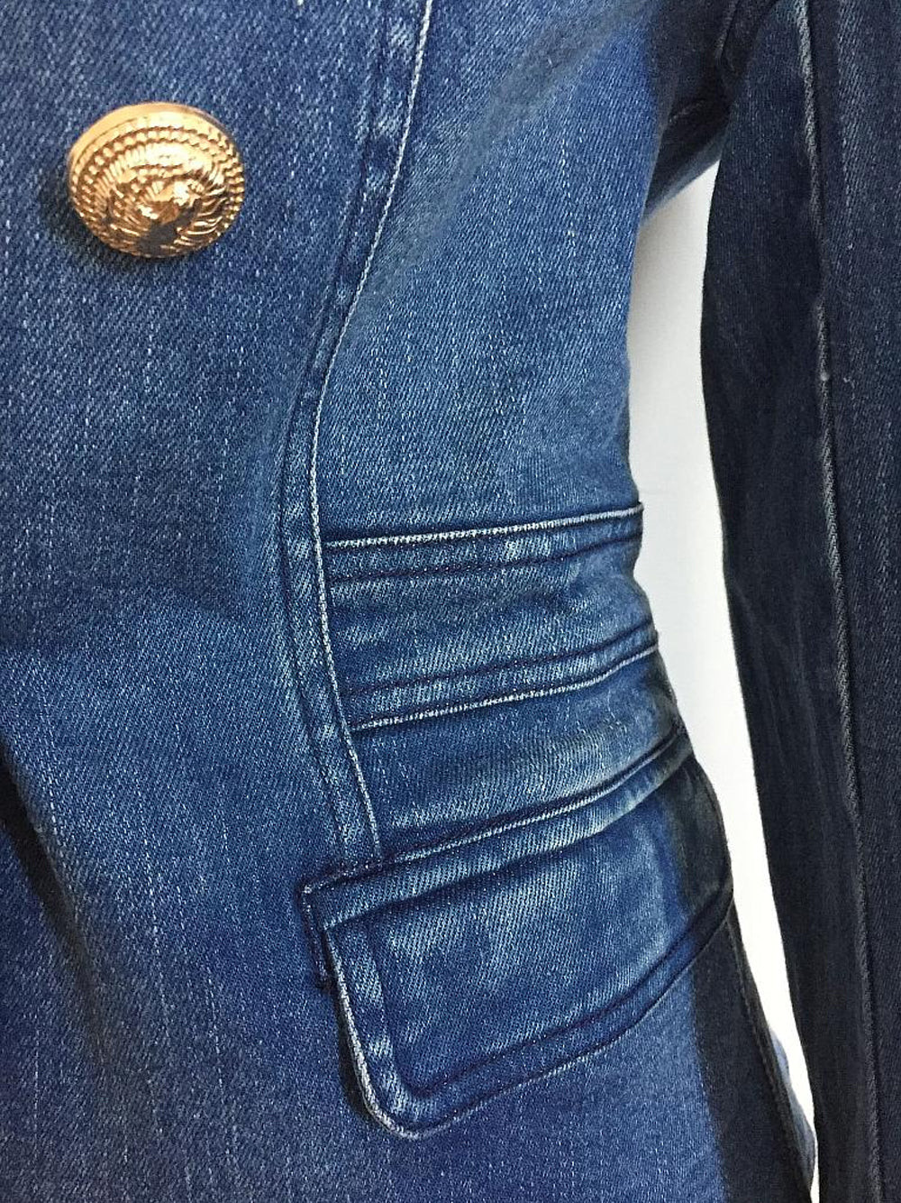 Denim Peak Lapel Double-Breasted Gold Button Denim Blazer