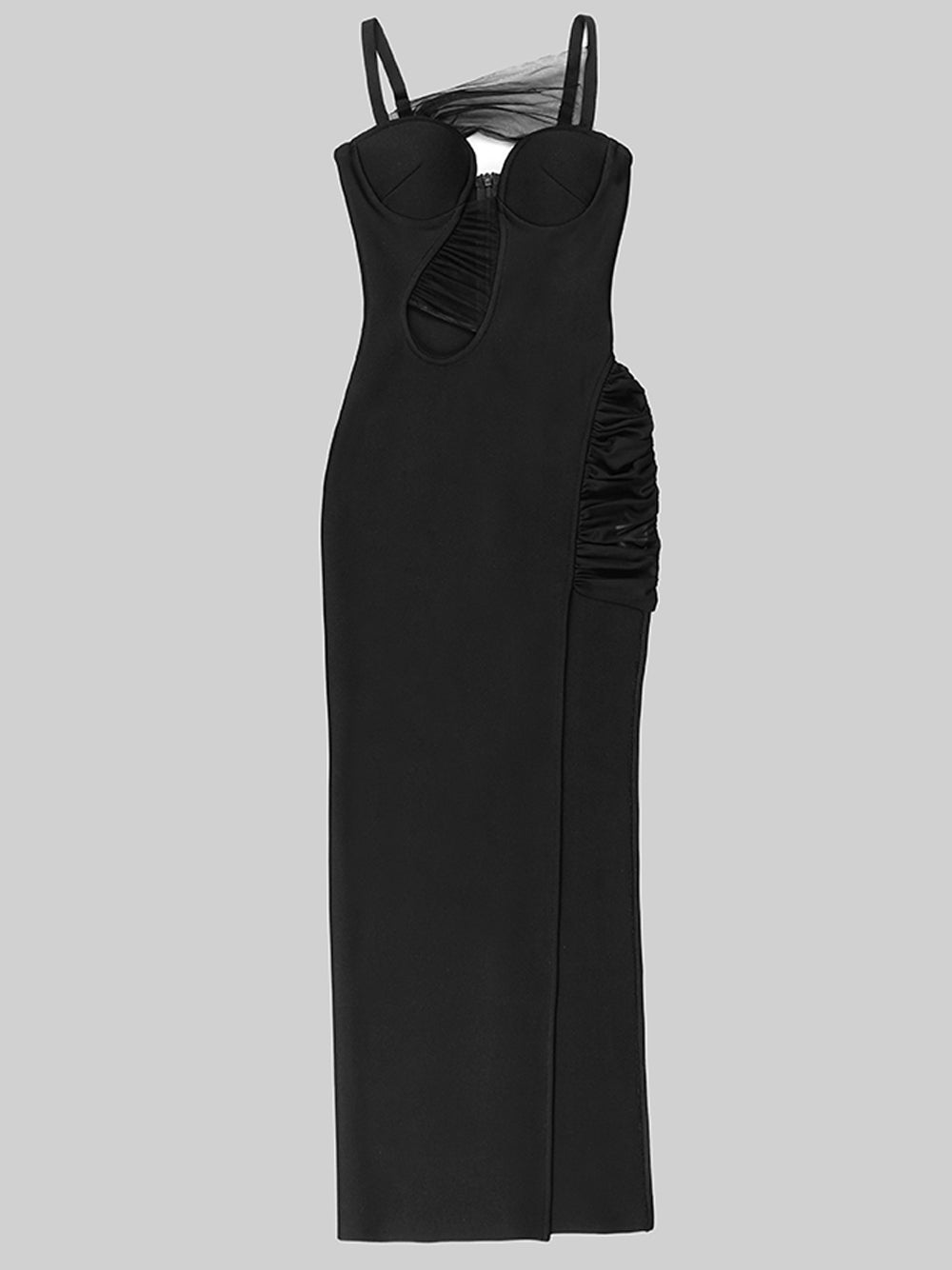 Black Strap Sweetheart Mesh Cutout High Slit Bodycon Maxi Dress