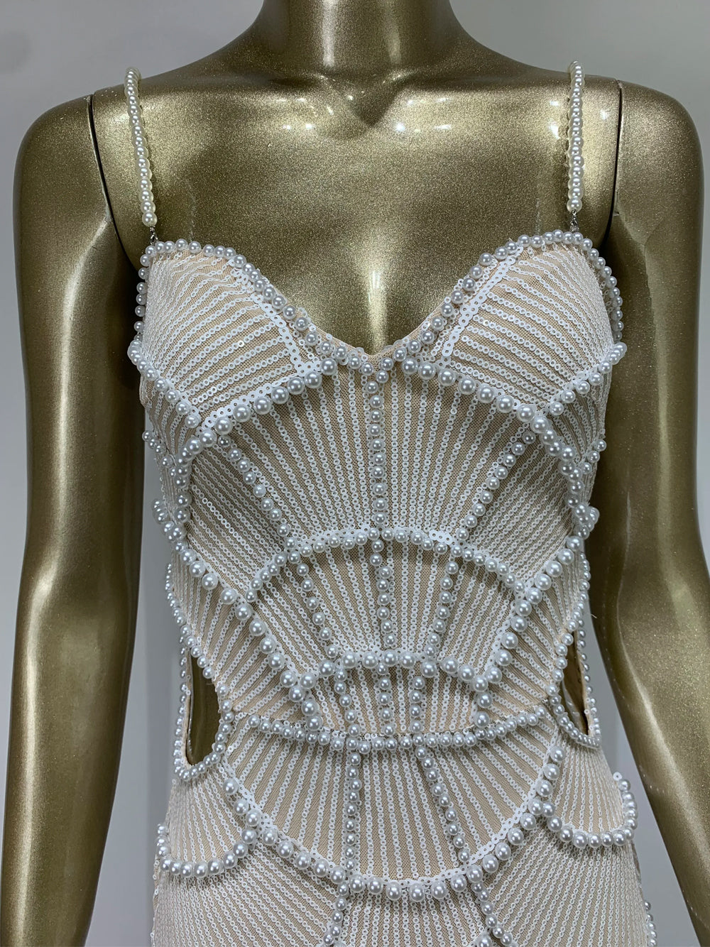 White Sweetheart Neck Pearl Beaded Cutout Bodycon Midi Dress 9
