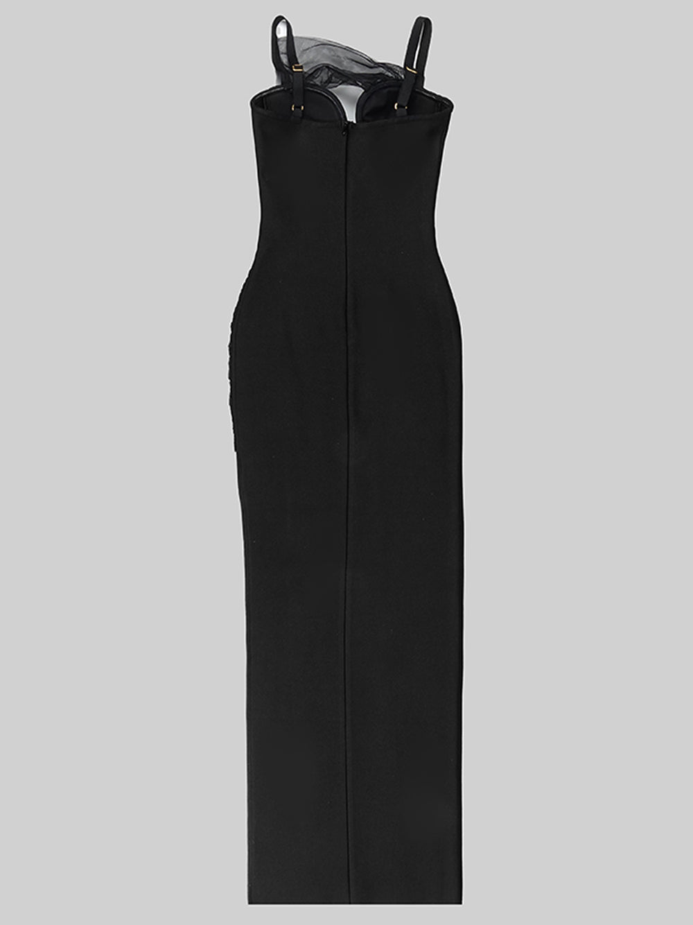 Black Strap Sweetheart Mesh Cutout High Slit Bodycon Maxi Dress