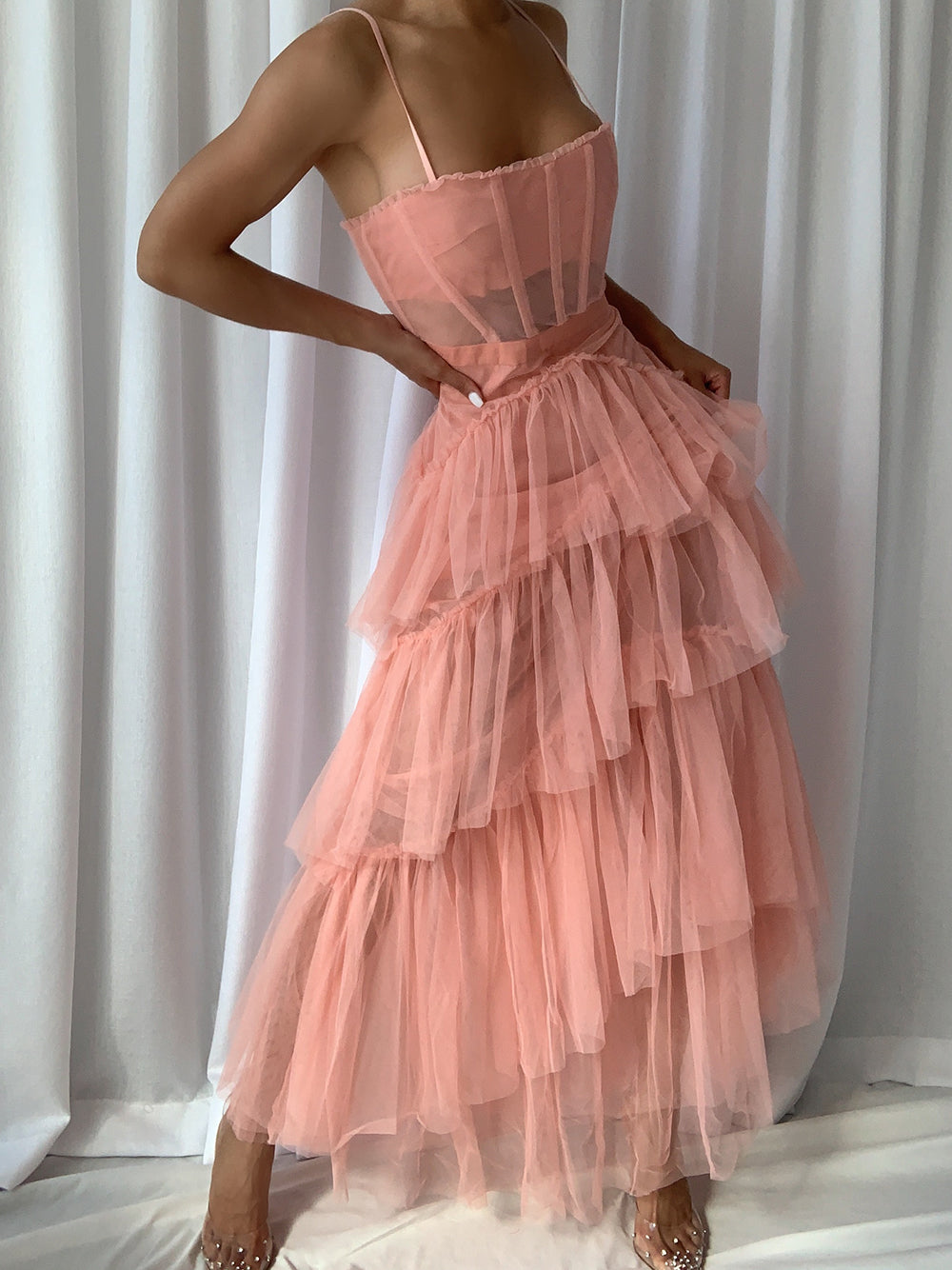 Pink Spaghetti Strap Corset Tiered Tulle Ruffle A-Line Maxi Gown 3