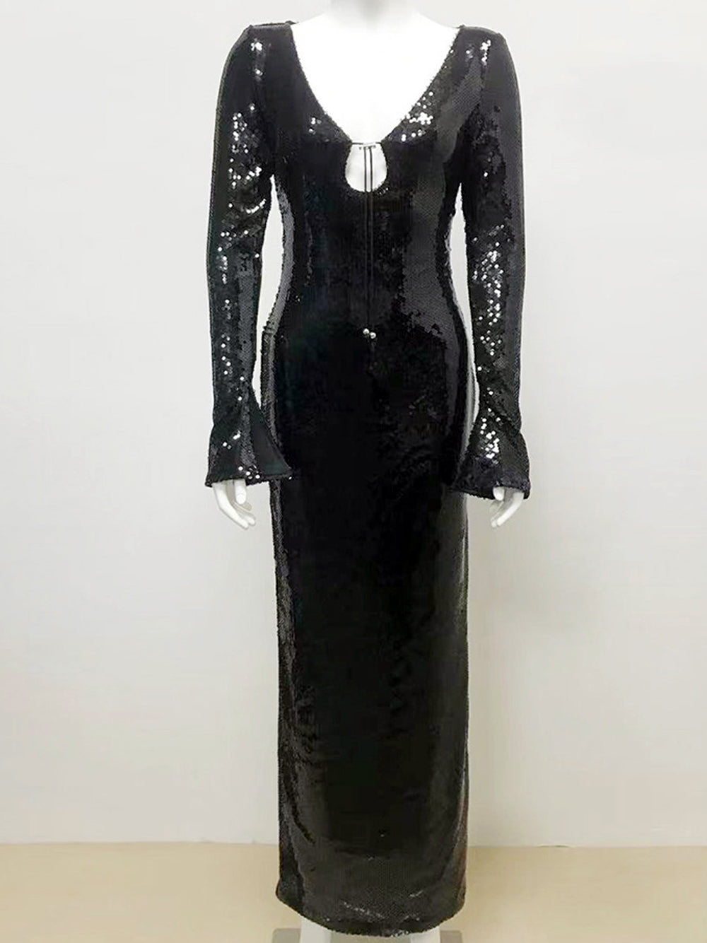Black Plunge Neck Long Bell Sleeve Sequin Bodycon Maxi Dress