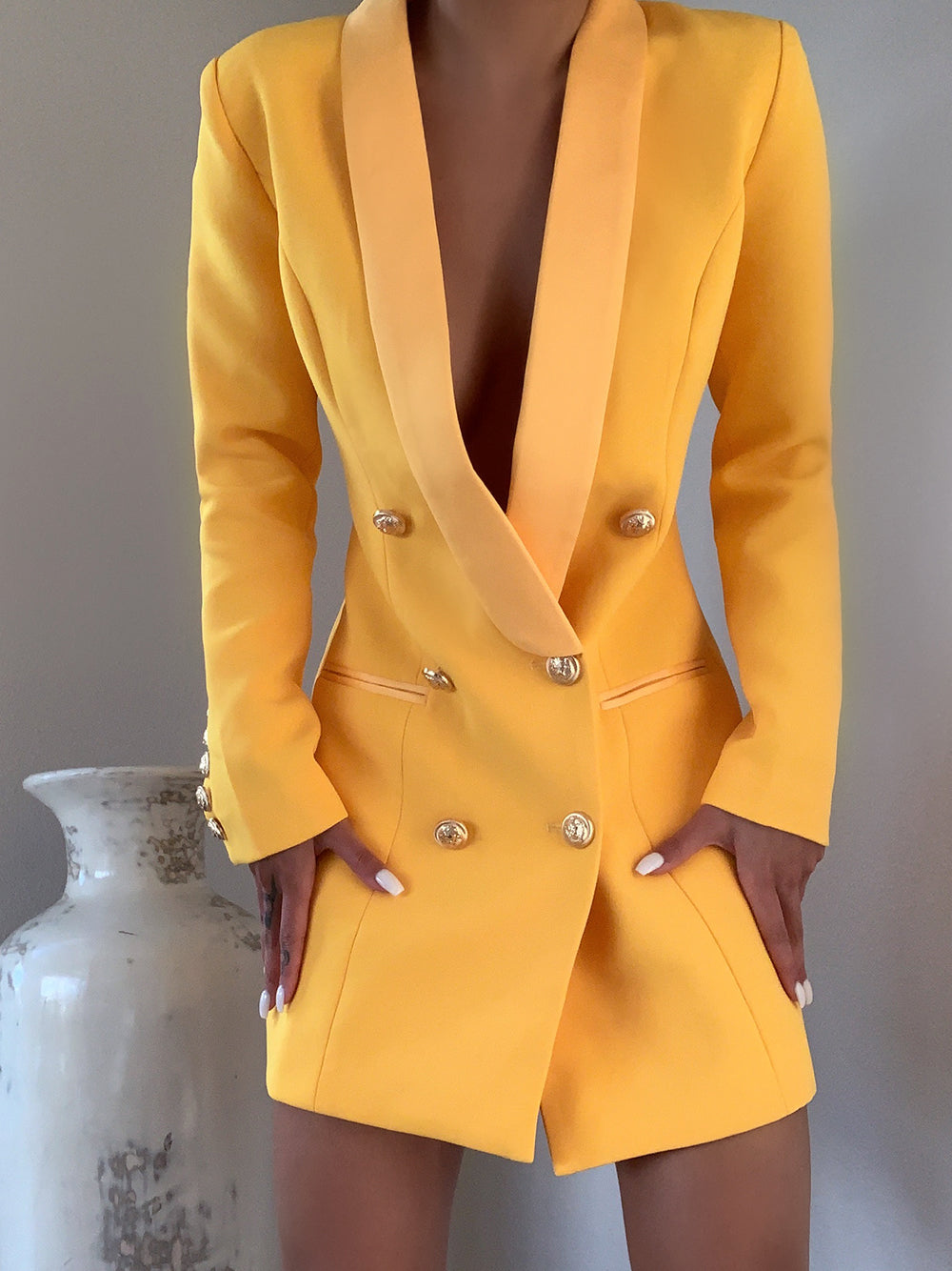 Yellow Shawl Lapel Double Breasted Gold Button Blazer Mini Dress