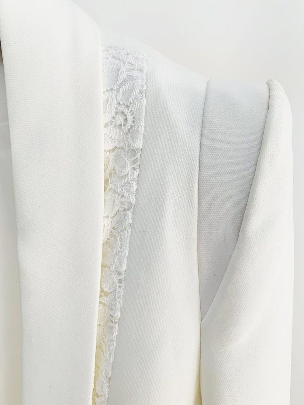 White Shawl Lapel Lace Trim Tie Front Blazer Pants Set