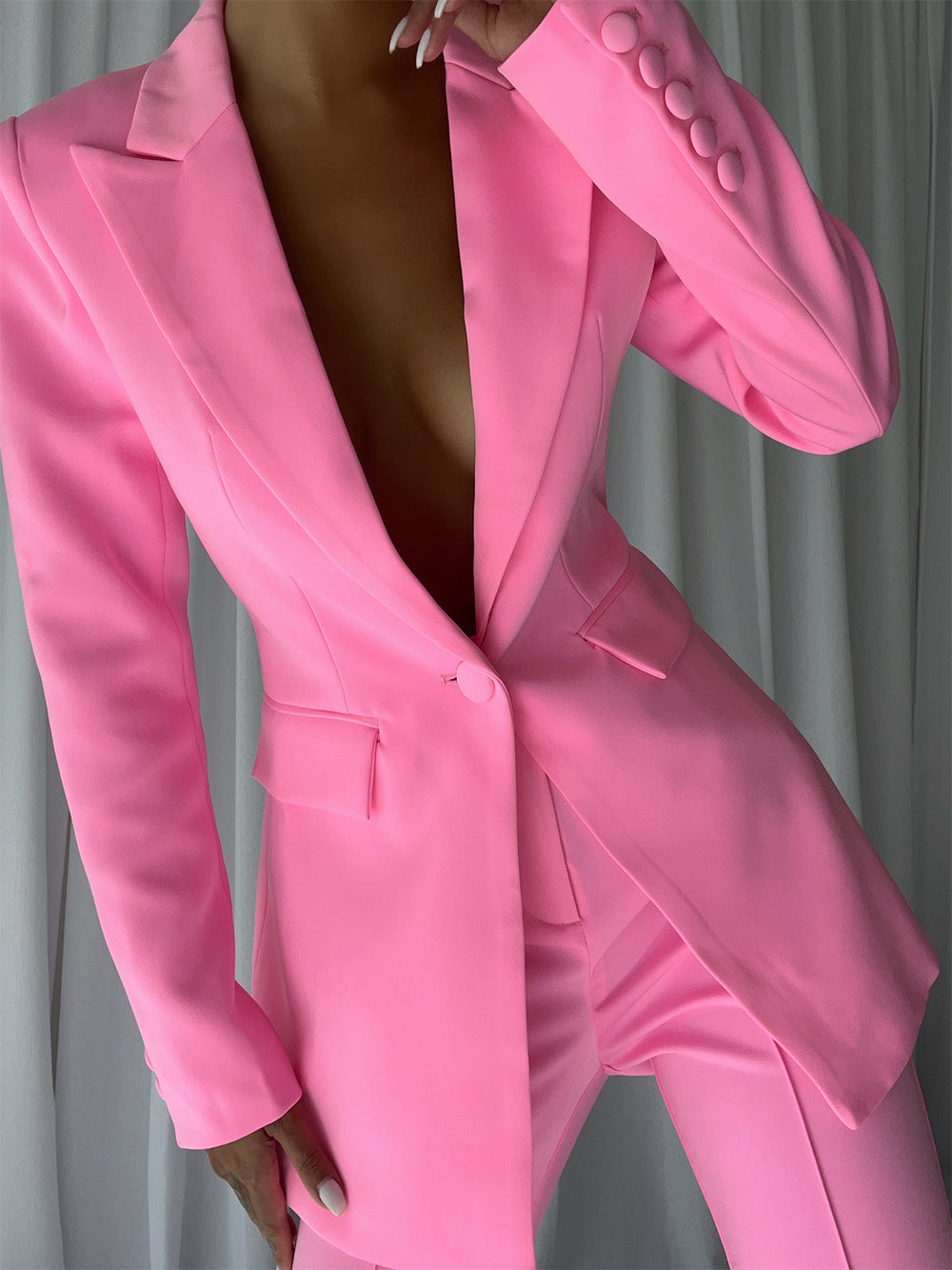 Pink Peaked Lapel Single Button Fitted Blazer and Pants Set 5