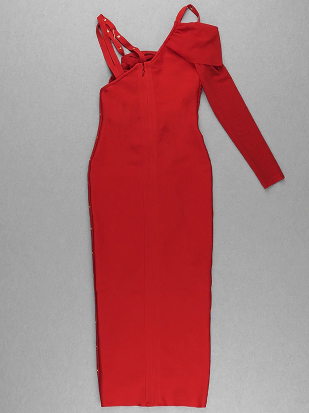 Red Asymmetric Strap Safety Pin Ruched High Slit Bodycon Maxi Dress 12