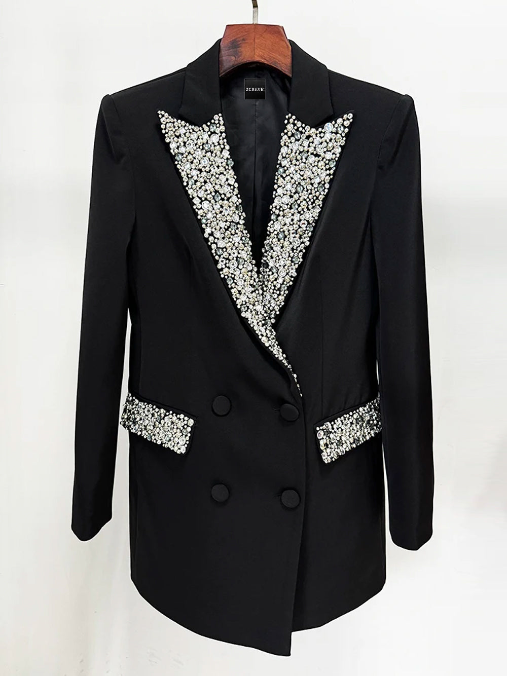 Black Crystal Embellished Lapel Double Breasted Blazer Mini Dress