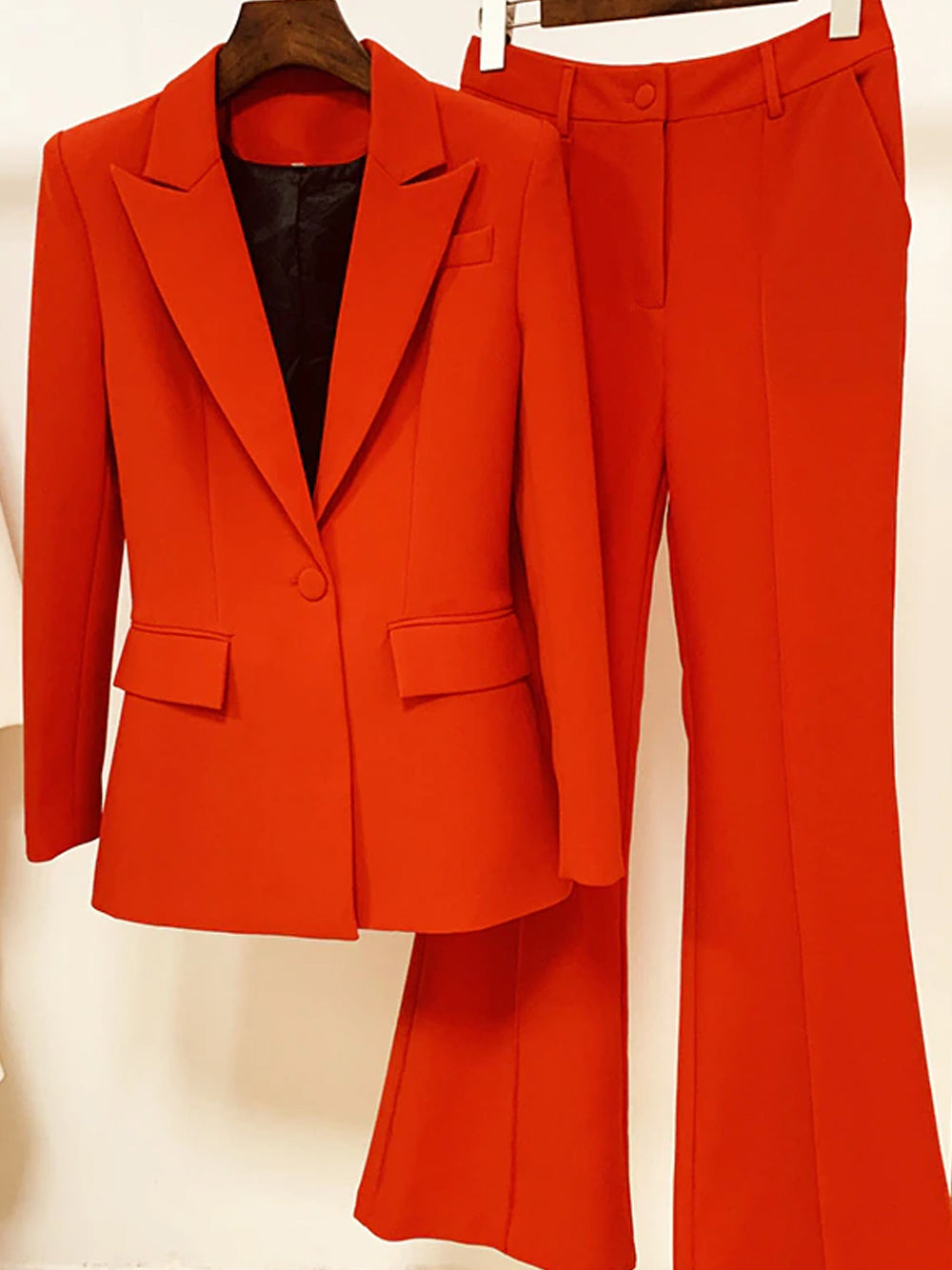 Red Peak Lapel Single Button Fitted Blazer and Flared Pants Set