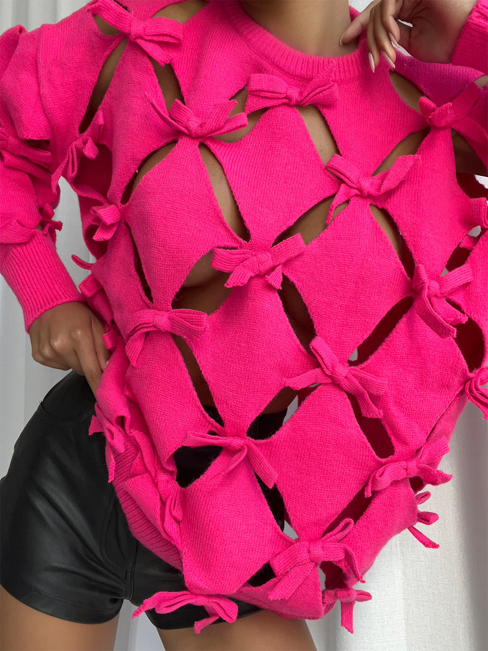 Fuchsia Round Neck Bow Cutout Long Sleeve Knit Sweater