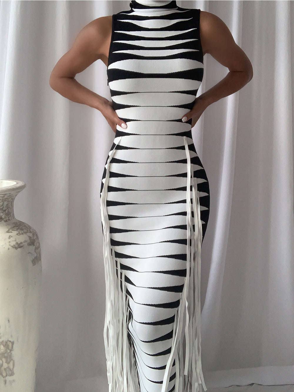 B&w Mock Neck Sleeveless Striped Knit Fringe Bodycon Midi Dress