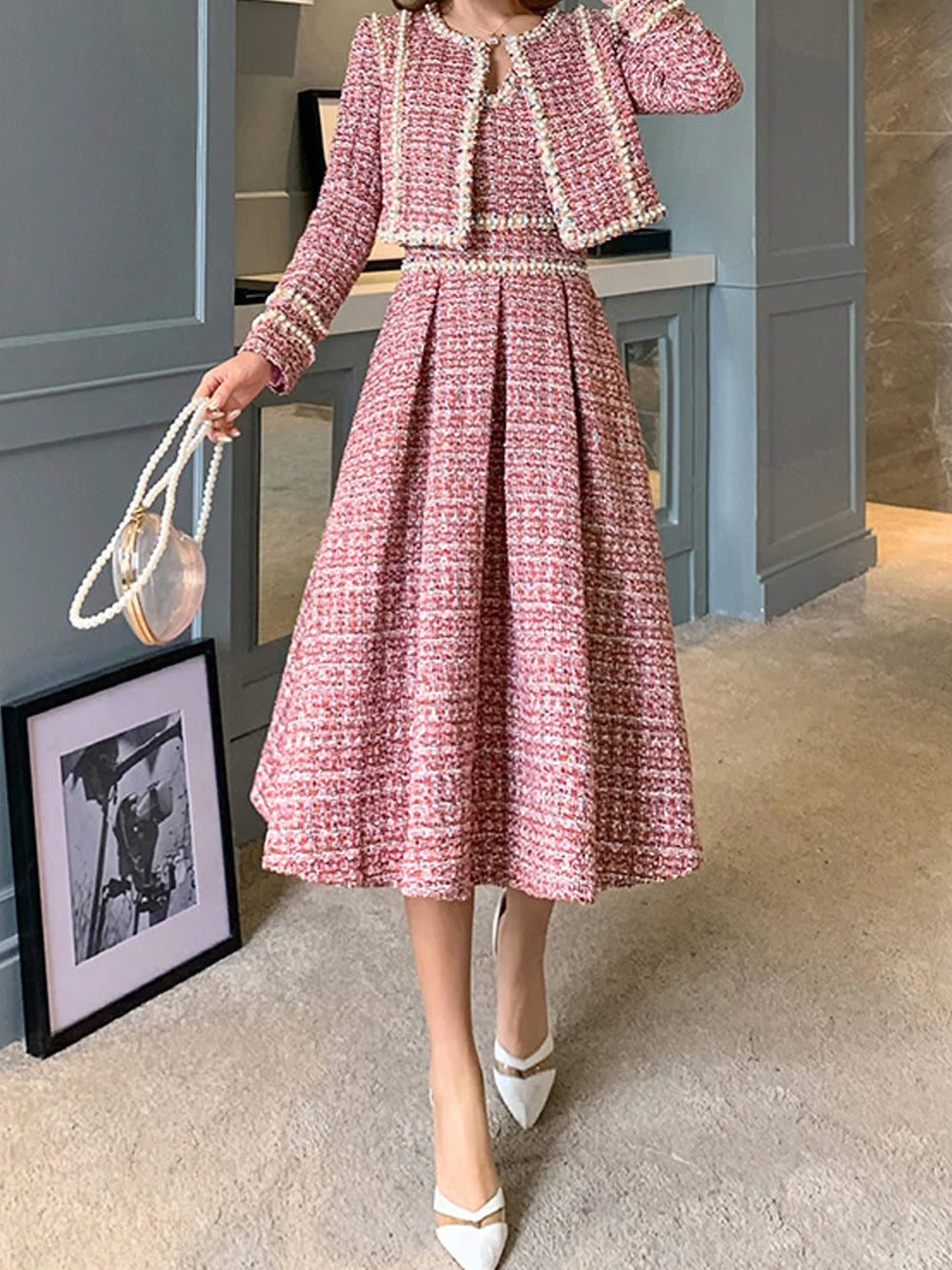 Pink Pearl Trim Tweed Jacket Slip Dress Set