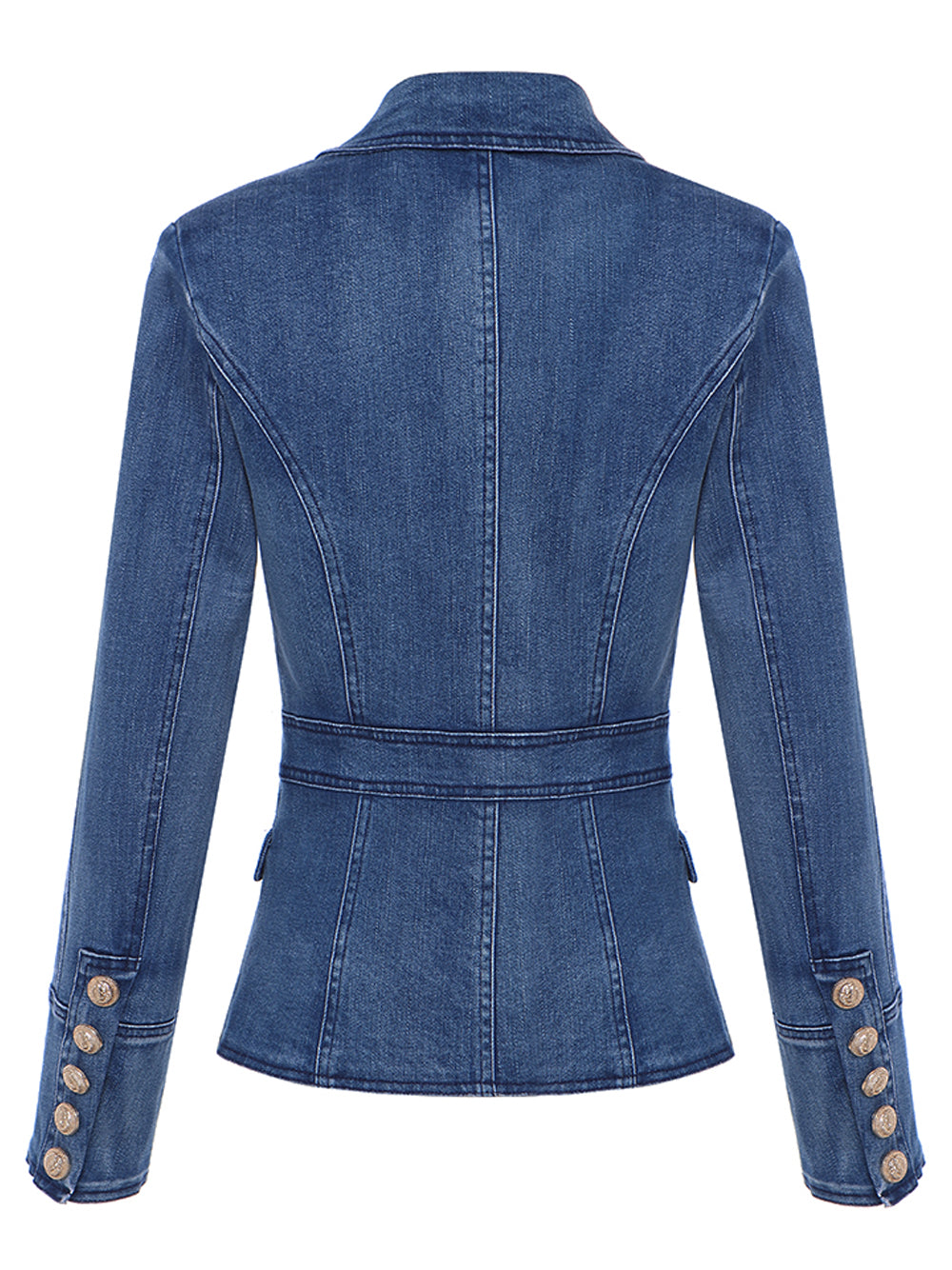 Denim Peak Lapel Double-Breasted Gold Button Denim Blazer