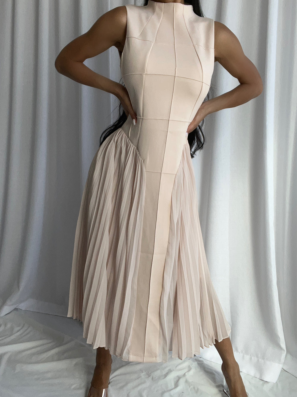 Apricot Mock Neck Sleeveless Grid Seam Pleated Fit And Flare Midi Dress