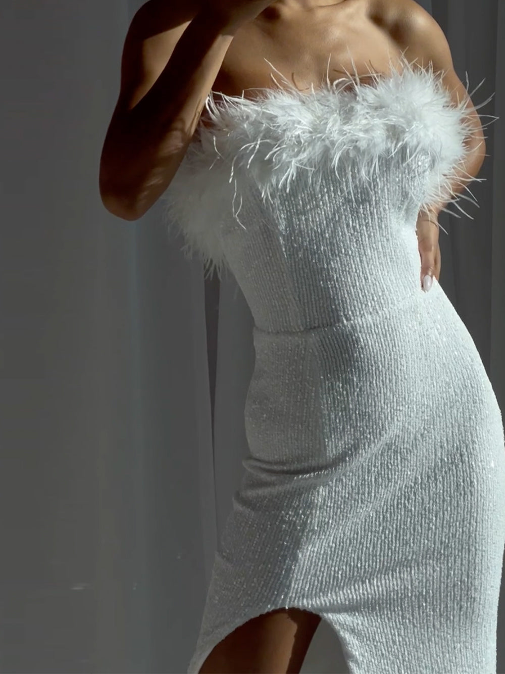 White Strapless Feather Trim Sequin High Slit Bodycon Midi Dress