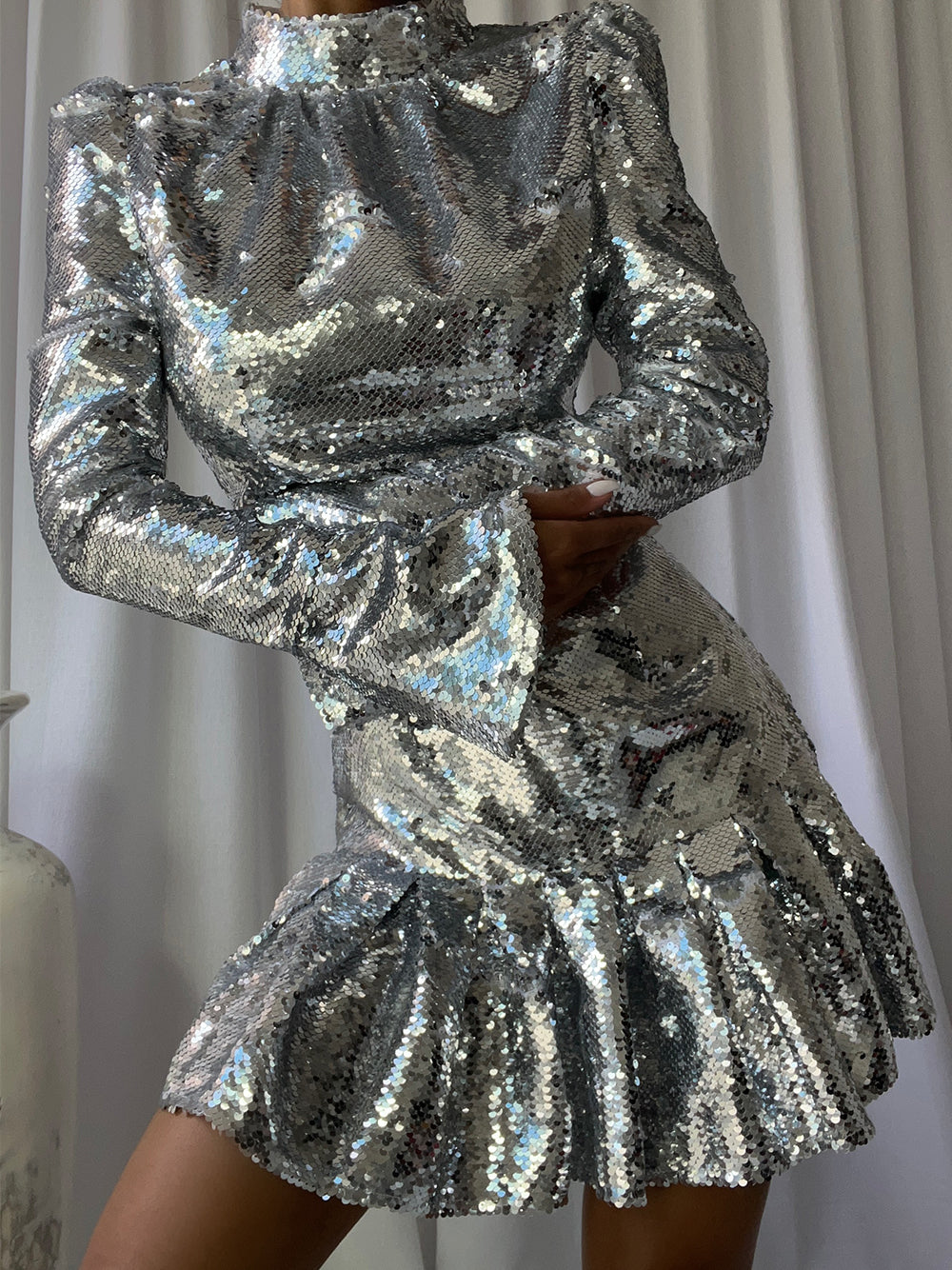 Silver High Neck Puff Sleeve Sequin Ruffle Hem A-Line Mini Dress