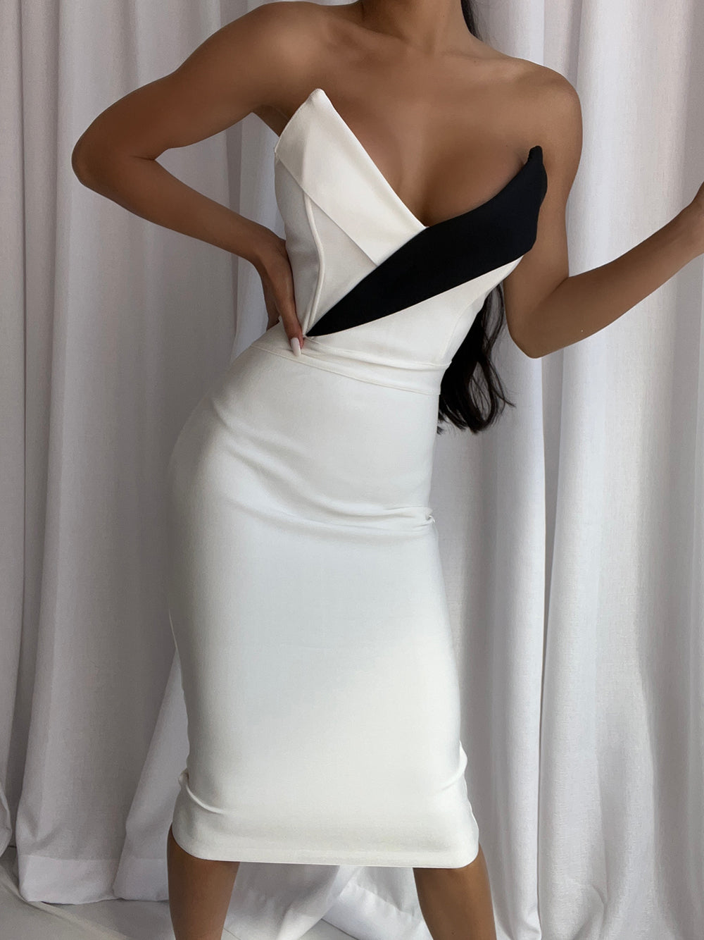 White Strapless Asymmetric Fold Over Contrast Panel Bandage Bodycon Midi Dress 4