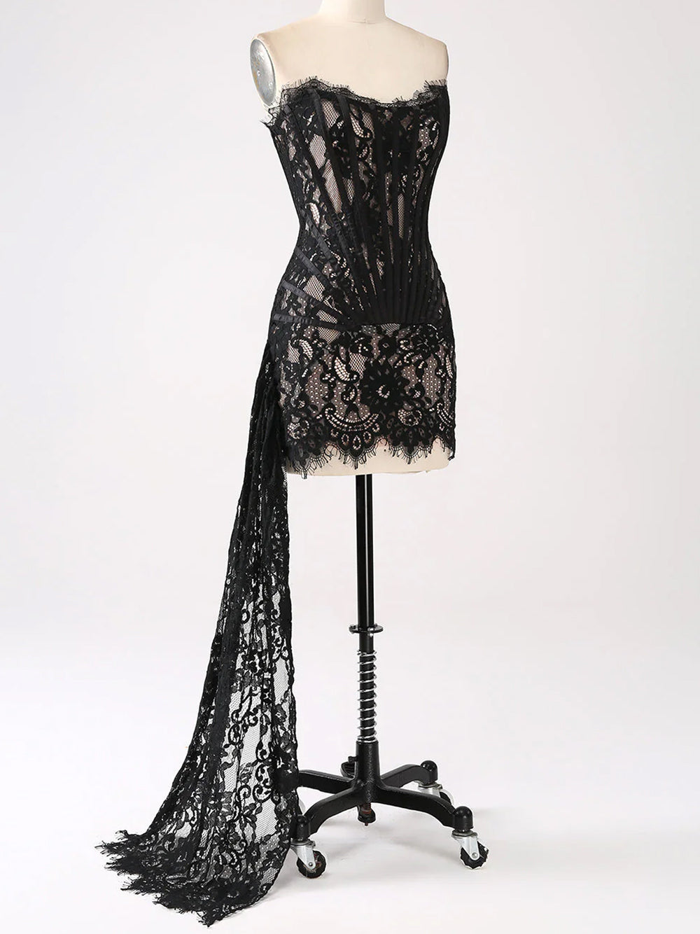 Black Strapless Eyelash Lace Corset Ruched Bodycon Mini Dress 7
