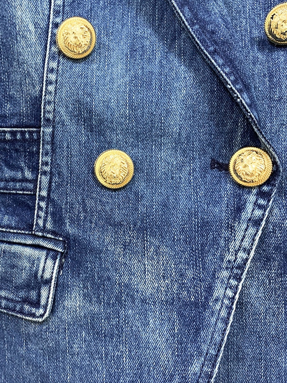Denim Peak Lapel Double-Breasted Gold Button Denim Blazer