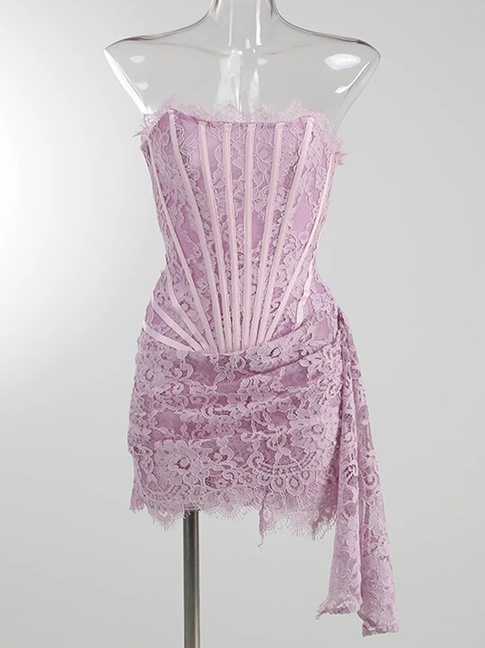 Lavender Strapless Eyelash Lace Corset Ruched Bodycon Mini Dress 5