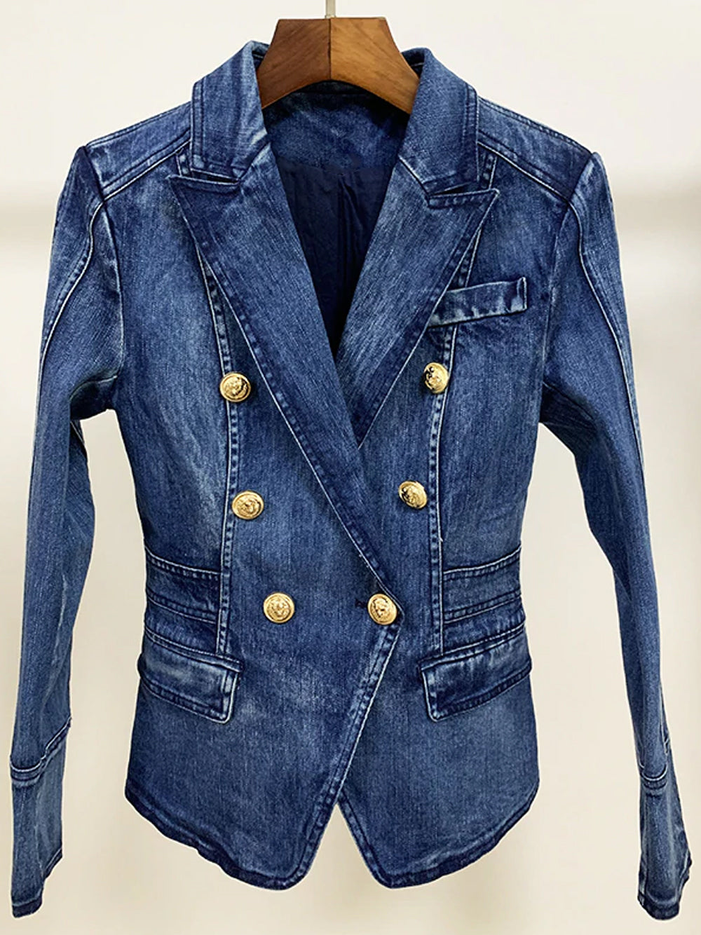 Denim Peak Lapel Double-Breasted Gold Button Denim Blazer