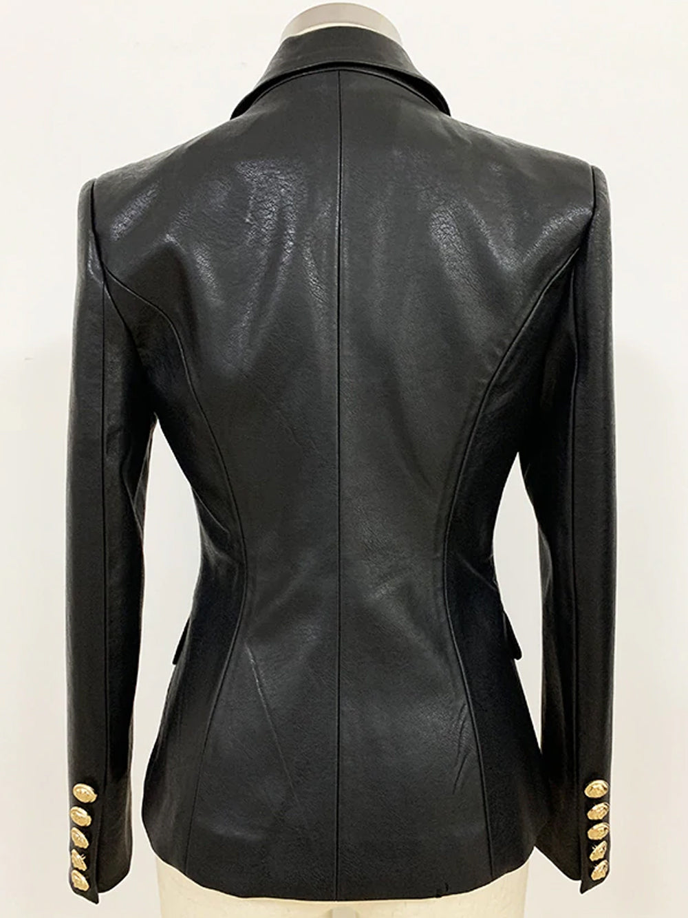 Black Peak Lapel Double-Breasted Gold Button Leather Blazer